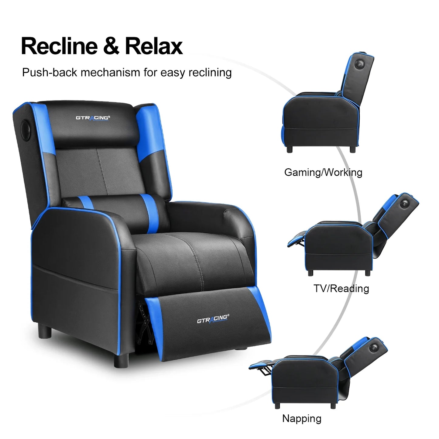 Gaming Recliner Chair Bluetooth Speakers Footrest Racing Style Single Living Room Sofa PU Leather Home Theater Seating Massage Lumbar Support, Blue
