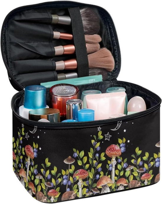 Mushroom Blueberry Portable Makeup Bag Makeup Organizer Large Capacity Travel Cosmetic Bag for Women and Girls