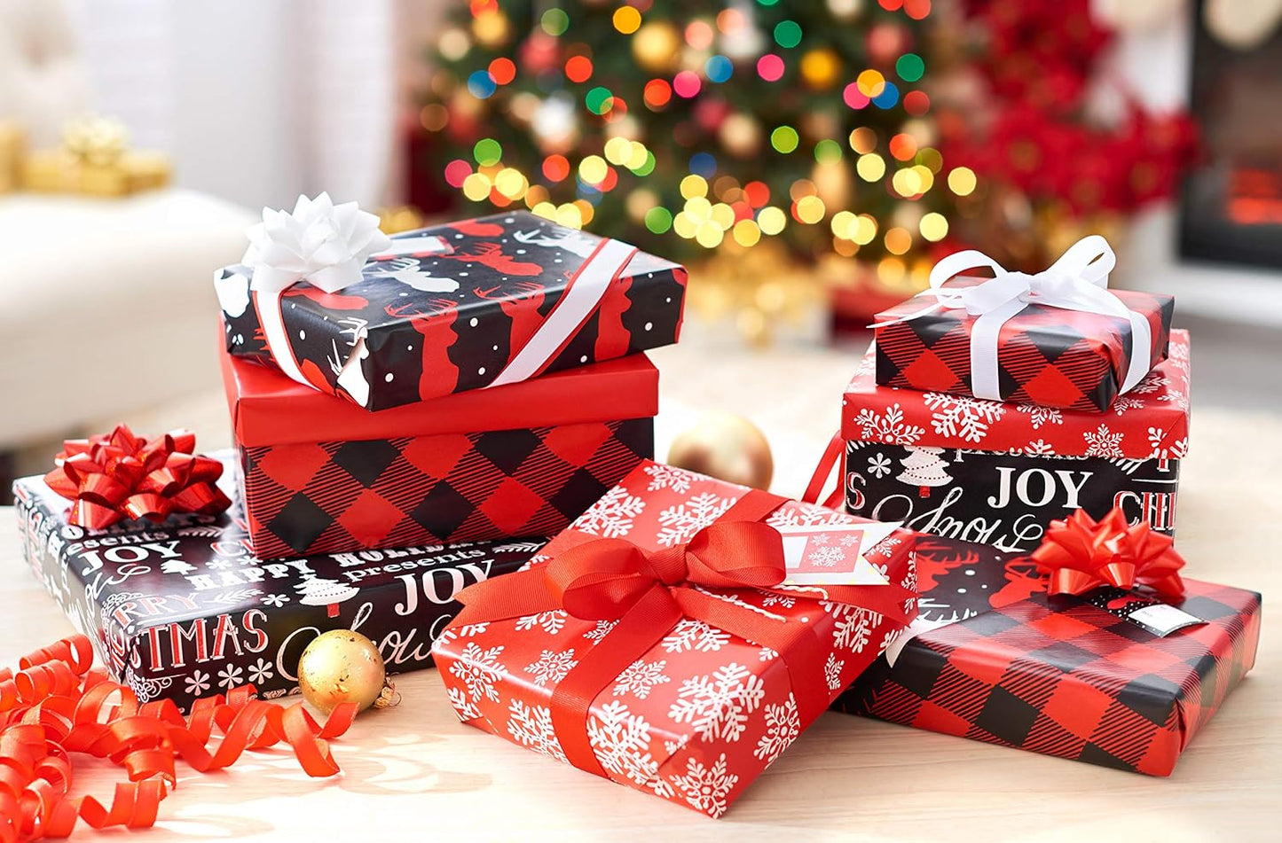 Buffalo Plaid Christmas Wrapping Paper Set, Red and Black Holiday Gift Wrap (120 Sq. Ft., 4 Rolls-30 In. X 12 Ft., 7 Adhesive Bows, 30 Gift Tag Stickers) Snowflakes and Reindeer
