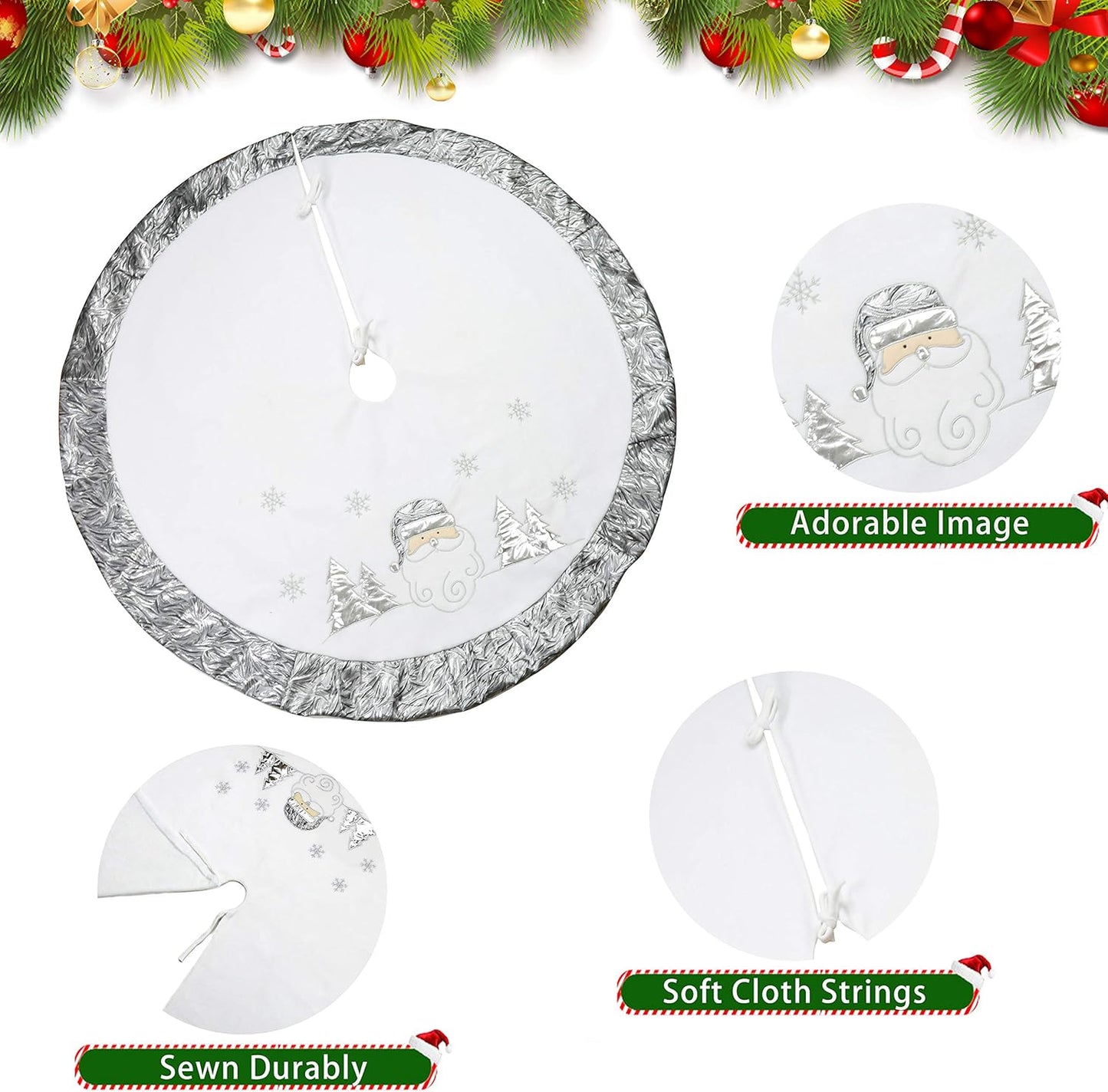 36'' Luxury Silvery Christmas Tree Skirt Santa Embroidered White Santa Claus Snowflake with Satin Border Xmas Tree Skirt Christmas Tree Ornaments Gifts