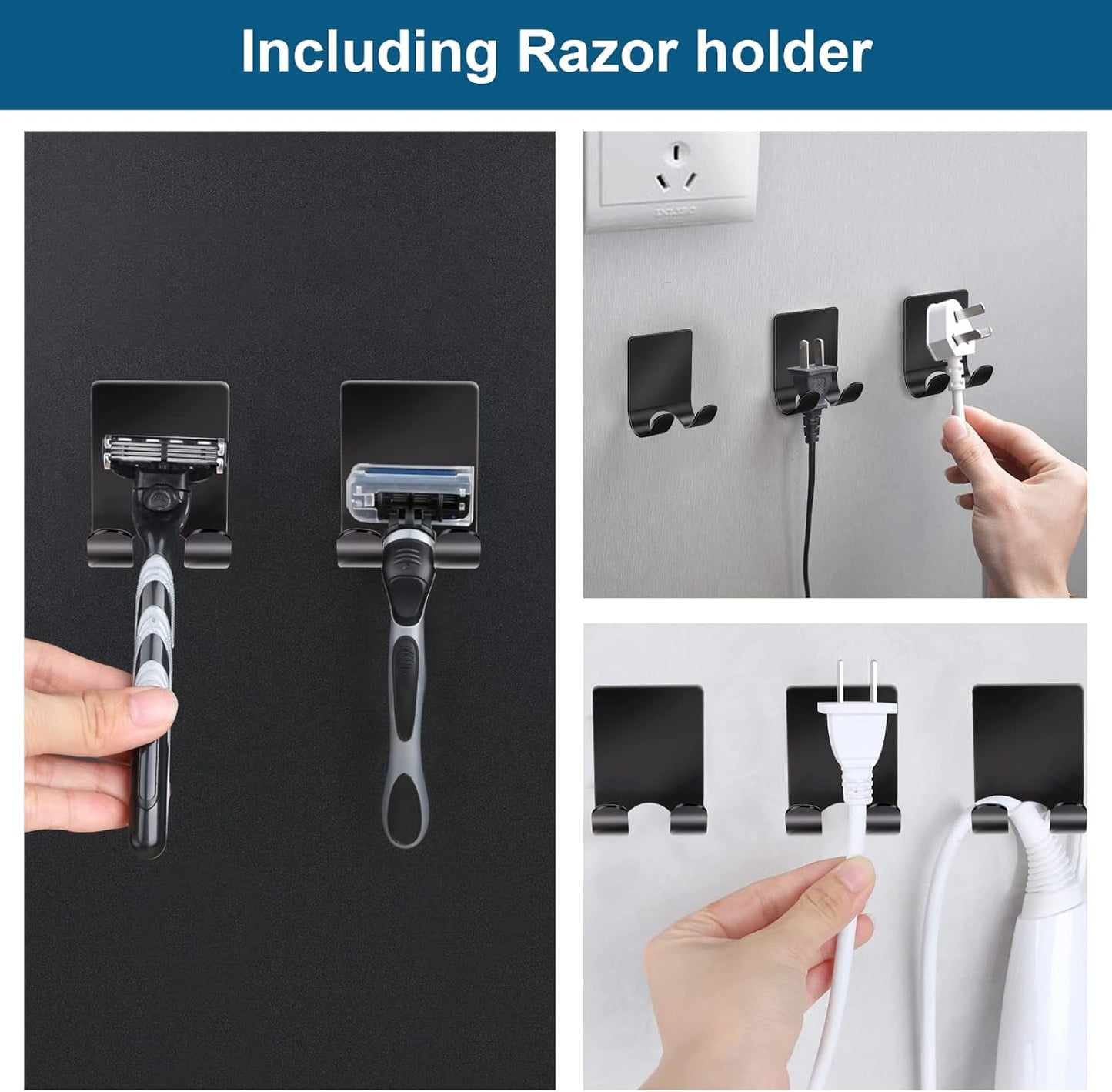 Razor Holder 304 Stainless Steel for Shower + Adhesive Sticky Heavy Duty Waterproof Wall Hooks, Premium for Hanging Towels, Coat, Hat (2+2 Pack) - Black