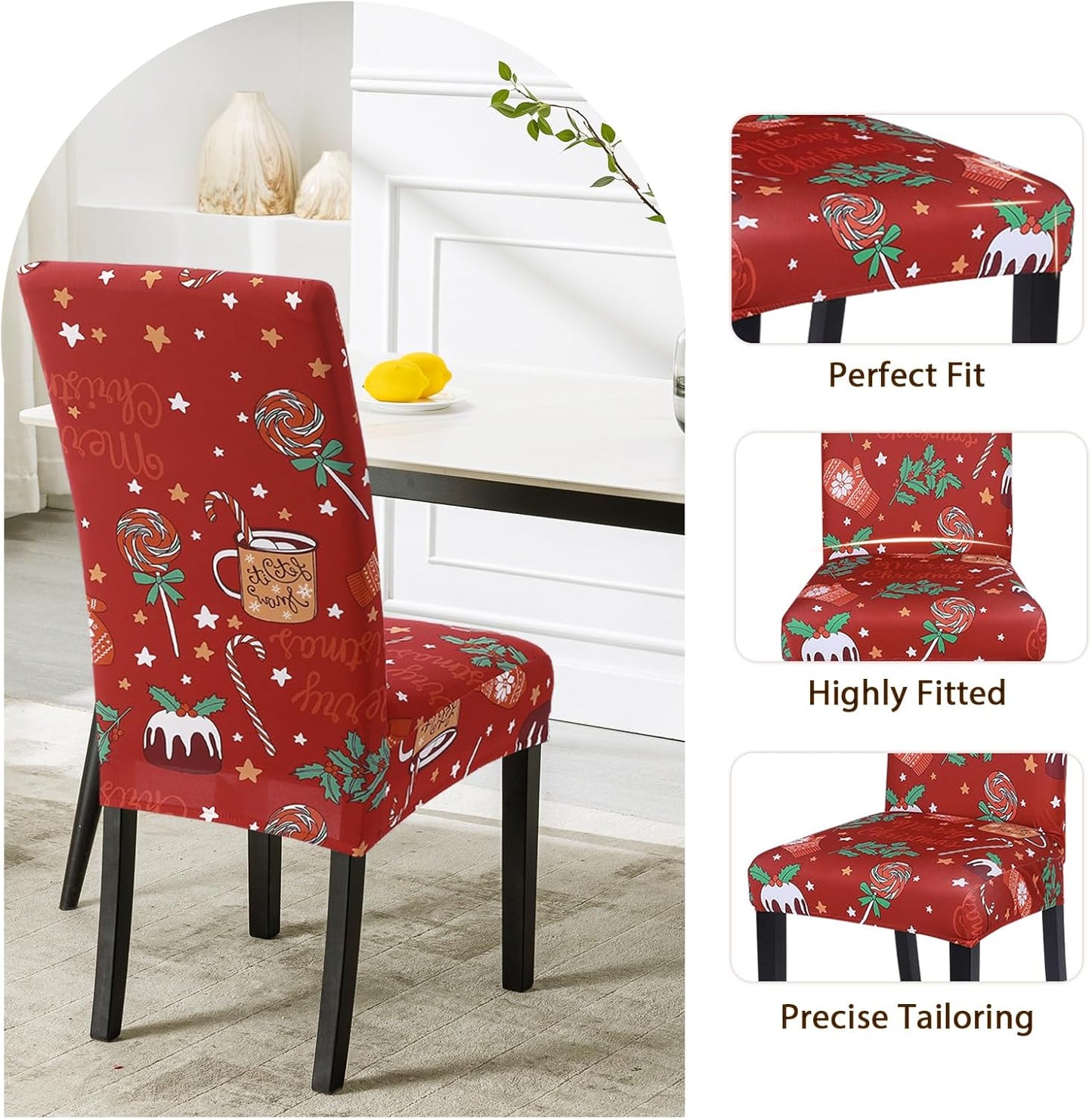 Christmas Dining Chair Covers Set of 6,Stretch Printed Kitchen Chair Cover Washable Spandex Xmas Parsons Chair Protector Slipcovers for Christmas Decoration,Holiday Party(Xmas Red)