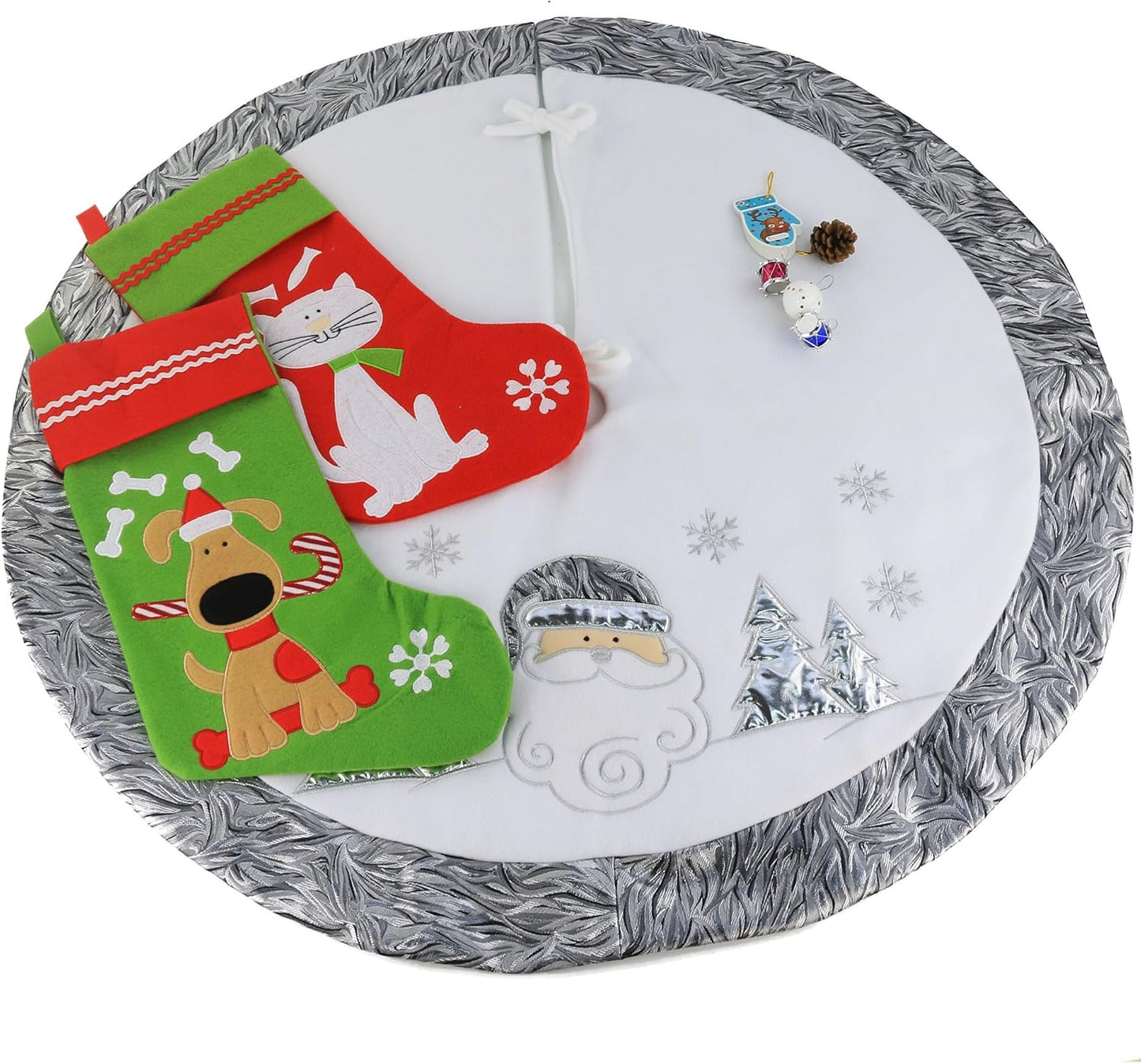 36'' Luxury Silvery Christmas Tree Skirt Santa Embroidered White Santa Claus Snowflake with Satin Border Xmas Tree Skirt Christmas Tree Ornaments Gifts
