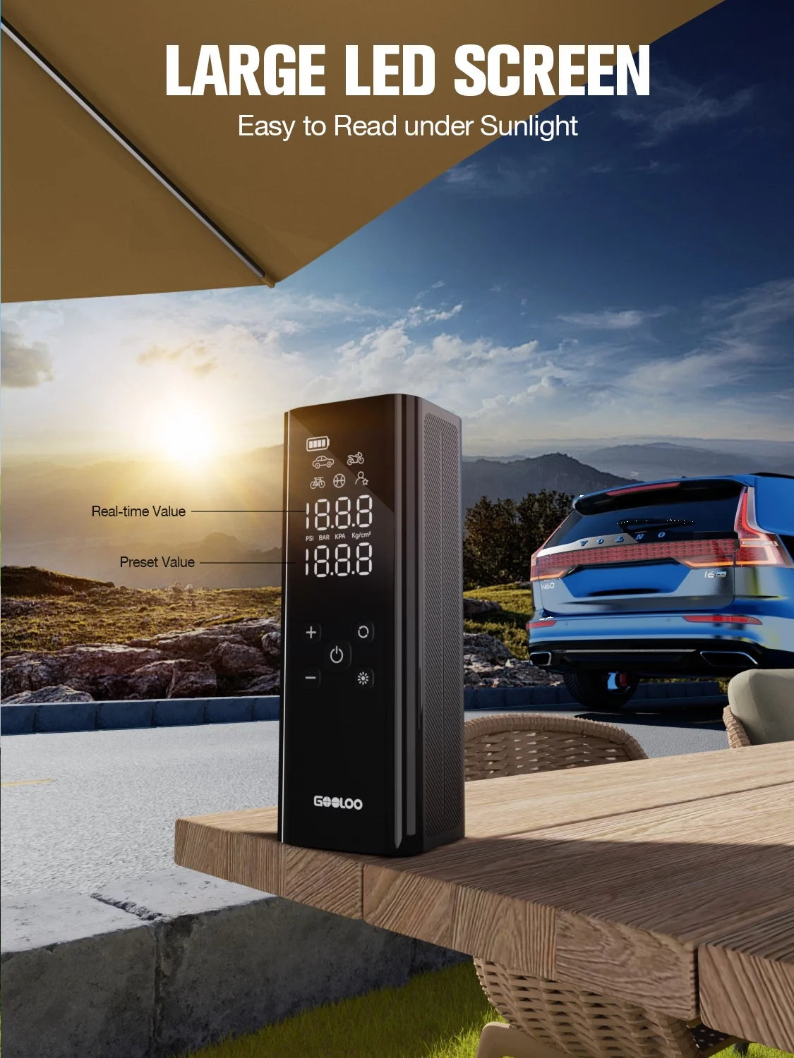 GT150 Cordless Portable Tire Inflator, 7500Mah 150 PSI Air Compressor for Car Tires, Digital Pressure Gauge, Automatic Shut-Off, Emergency LED Light, Compact Electric Air Pump