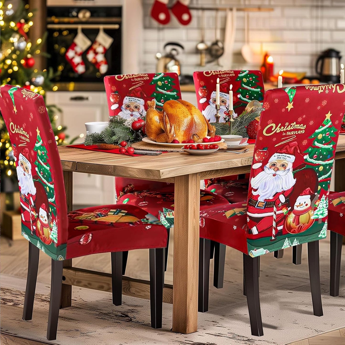 Christmas Dining Chair Covers Set of 6,Stretch Printed Kitchen Chair Cover Washable Spandex Xmas Parsons Chair Protector Slipcovers for Christmas Decoration,Holiday Party(Santa Claus)