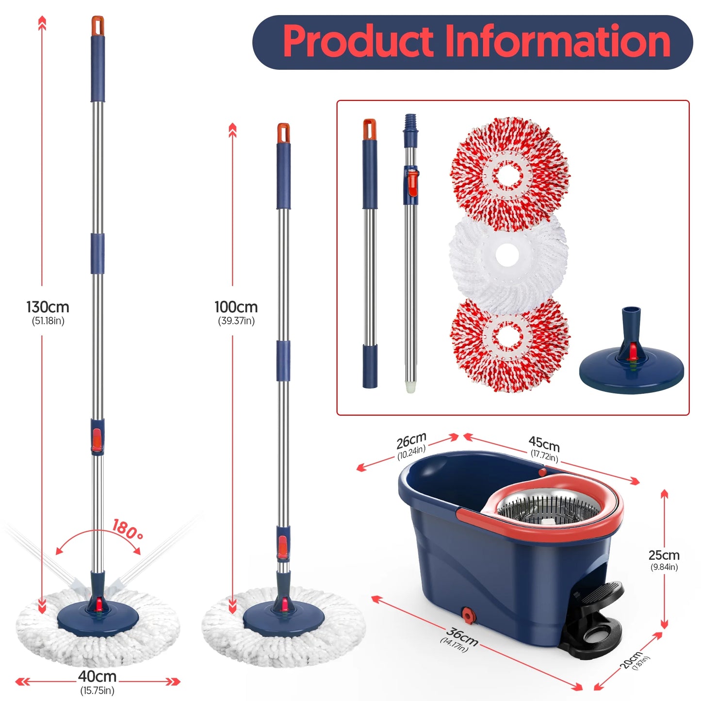 Spin Mop and Bucket System with Wringer Set for Floors Cleaning, Red