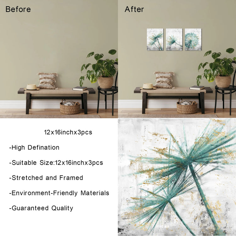 3 Pieces 12X16 Inch Framed Canvas Wall Art Clearance Kit Teal Dandelion on Rustic Grey Print 3 Picture Picture Canvas Poster Home Artwork Painting Decoration for Living Room Bedroom