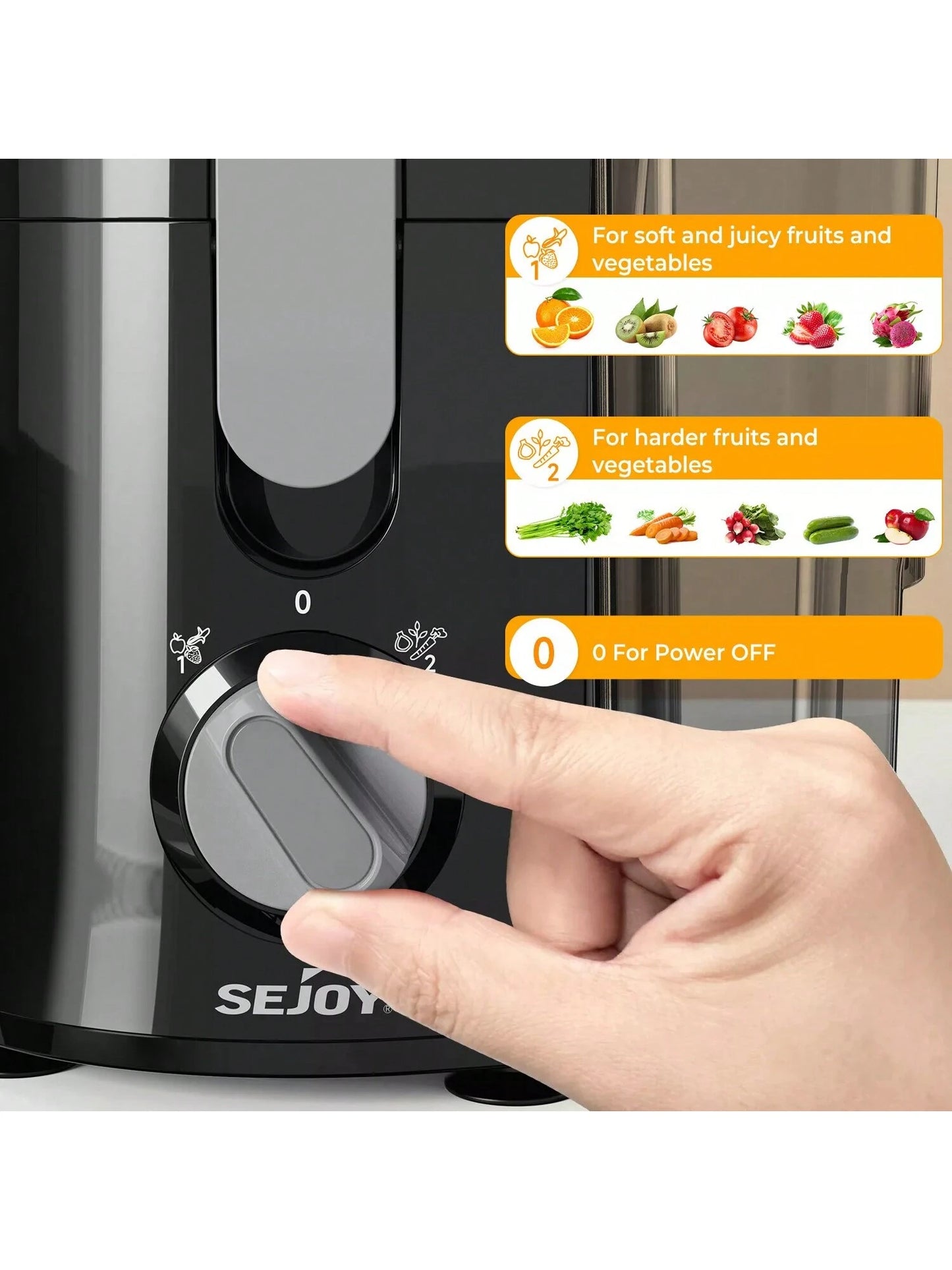 Sejoy Electric Juicer, Large-Diameter Centrifugal High-Speed Juicer, 2 Speed Modes, Multiple Safety Functions, Suitable for Fruits and Vegetables, Easy to Clean, Easy to Operate