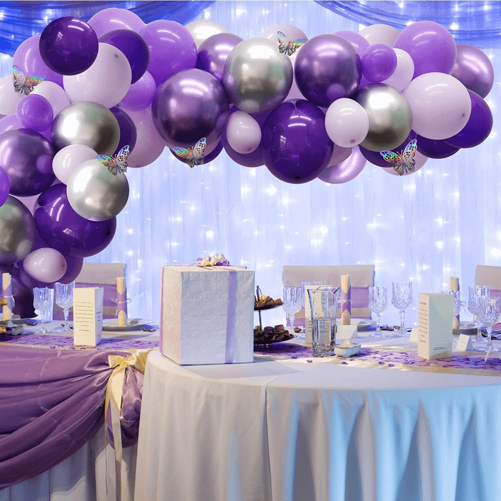 132Pcs Purple and Silver Balloon Garland Kit with Butterfly - Metallic Balloons for Baby Shower, Wedding, Birthday