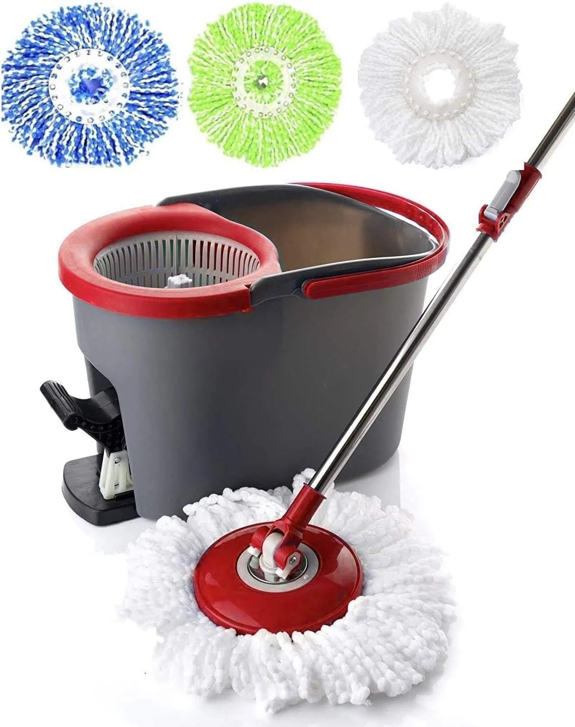 360 Spin Mop and Bucket with Foot Pedal and Soap Dispenser & 3 Microfiber Heads, Red/Black