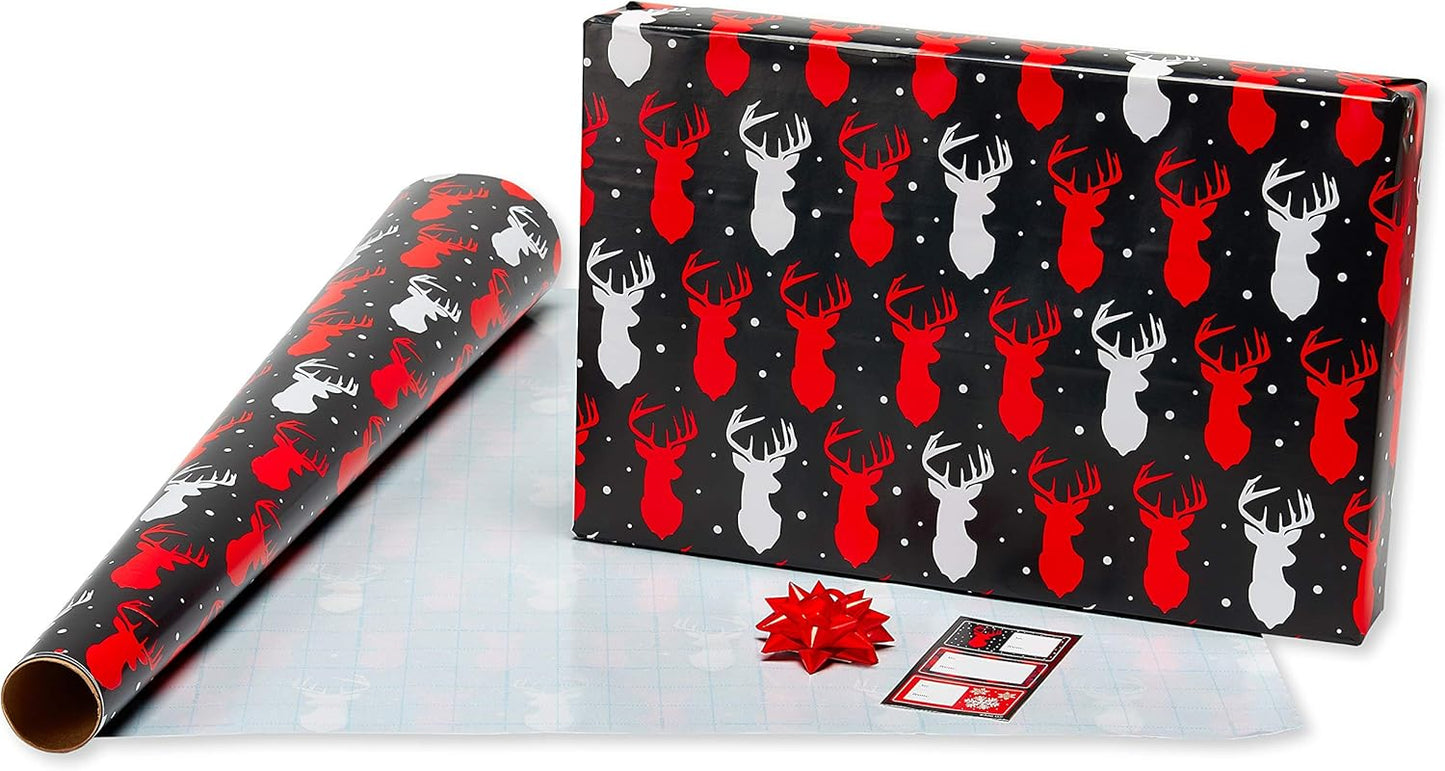 Buffalo Plaid Christmas Wrapping Paper Set, Red and Black Holiday Gift Wrap (120 Sq. Ft., 4 Rolls-30 In. X 12 Ft., 7 Adhesive Bows, 30 Gift Tag Stickers) Snowflakes and Reindeer