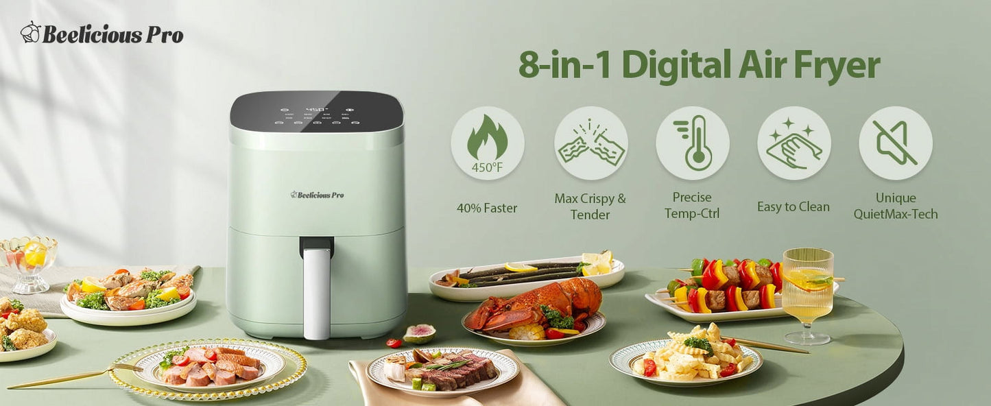 Air Fryer, 8-In-1 Smart Compact 4QT Air Fryers, Shake Reminder,450°F Digital Airfryer with Flavor-Lock Tech,Tempered Glass Display, Dishwasher-Safe & Nonstick,Fit for 1-3 People, Green