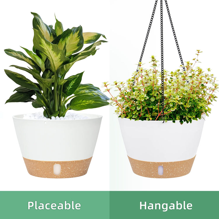 2 Pack 8 Inch Plastic White Hanging Planters with 3 Hooks, Hanging Plant Pot Basket with Drainage Hole for Garden Home
