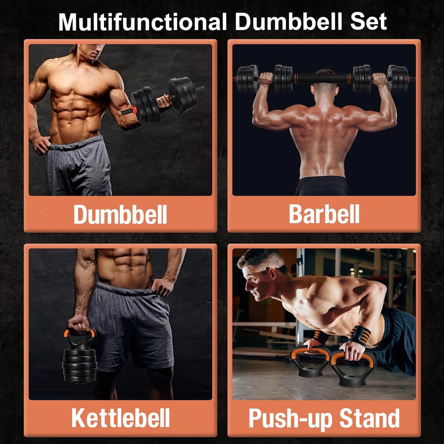 Adjustable Dumbbell Set, 22/44/66/88Lbs Free Weights, 4-In-1 Barbell & Kettlebell Set, Non-Slip Handles, Fitness for Men & Women