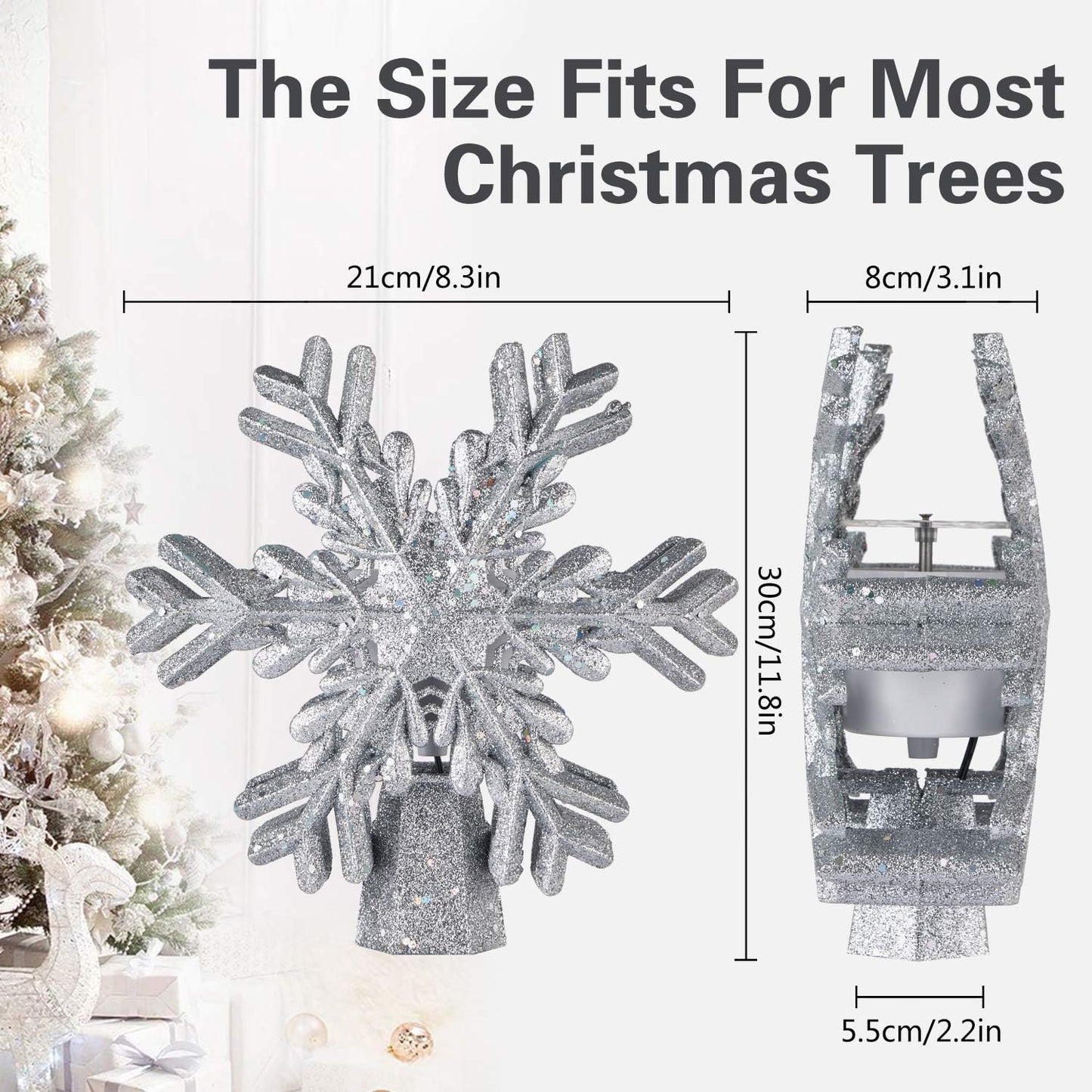 Christmas Tree Topper, Star Tree Topper Lighted Indoor with Rotating 3D Silver Snowflake LED Projector Hollow Glitter Lighted for Xmas Tree Christmas Decorations Holiday