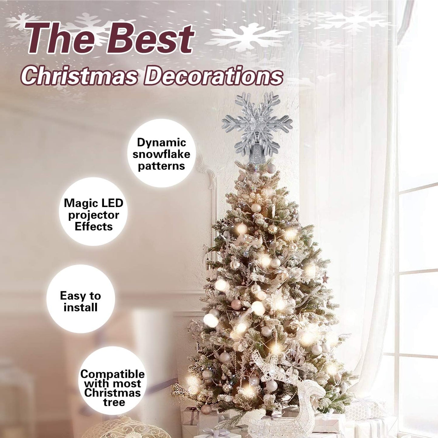 Christmas Tree Topper, Star Tree Topper Lighted Indoor with Rotating 3D Silver Snowflake LED Projector Hollow Glitter Lighted for Xmas Tree Christmas Decorations Holiday