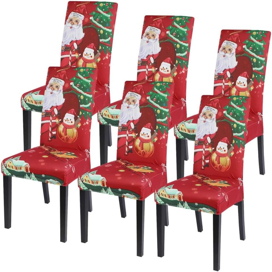 Christmas Dining Chair Covers Set of 6,Stretch Printed Kitchen Chair Cover Washable Spandex Xmas Parsons Chair Protector Slipcovers for Christmas Decoration,Holiday Party(Santa Claus)