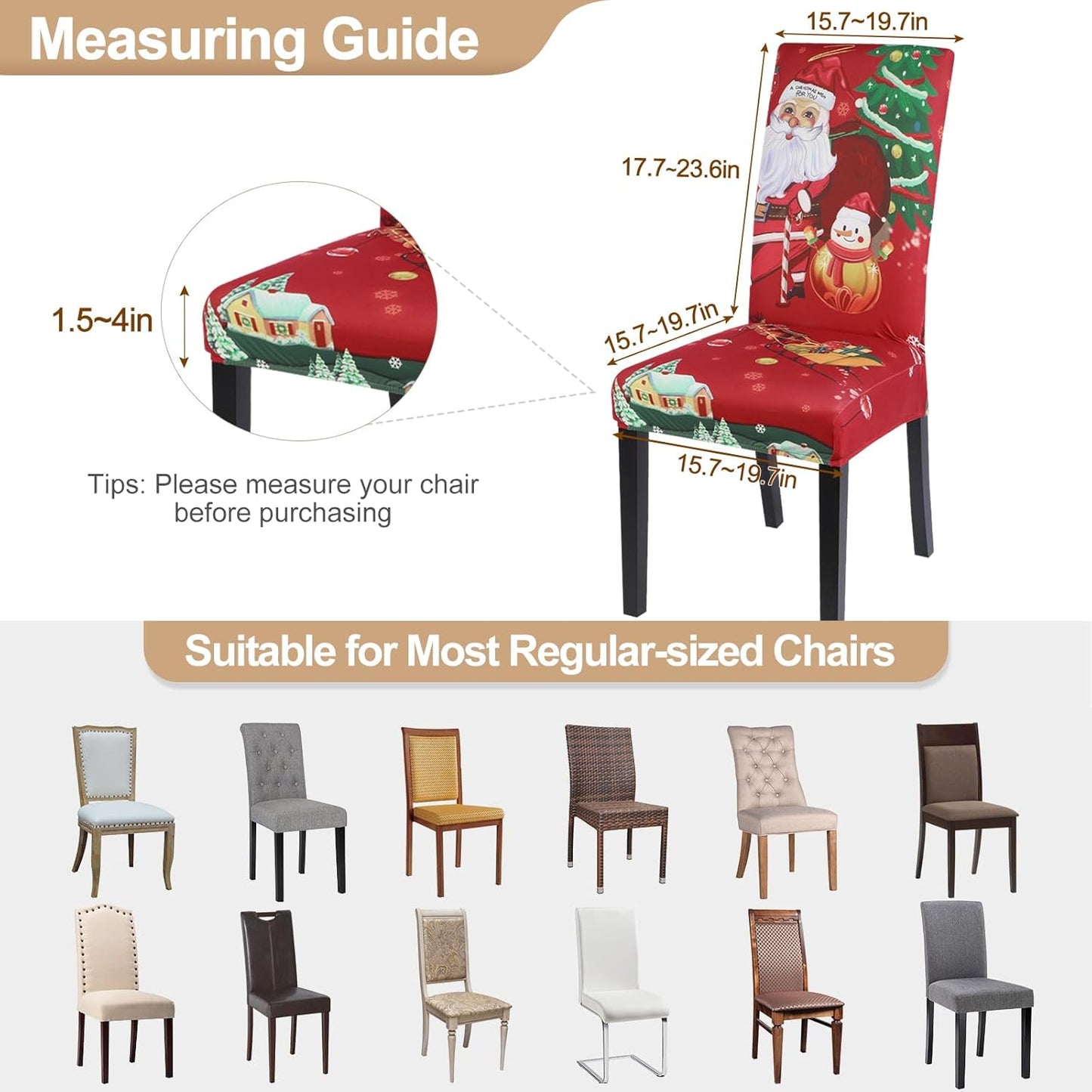 Christmas Dining Chair Covers Set of 4,Stretch Printed Kitchen Chair Cover Washable Spandex Xmas Parsons Chair Protector Slipcovers for Christmas Decoration,Holiday Party(Santa Claus)