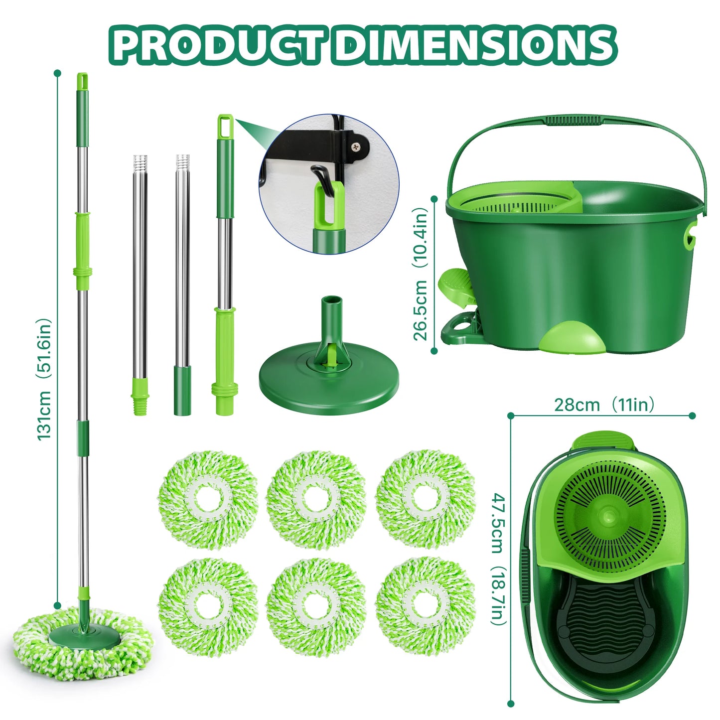 Spin Mop and Bucket System with Wringer Set for Floors Cleaning, 6 Refill Mop Pads