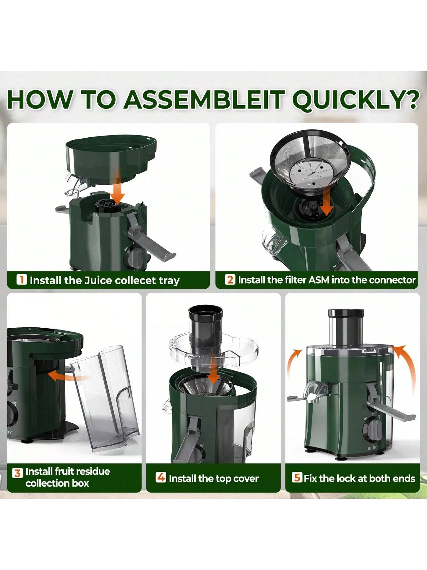 Sejoy Electric Juicer, Large-Diameter Centrifugal High-Speed Juicer, 2 Speed Modes, Multiple Safety Functions, Suitable for Fruits and Vegetables, Easy to Clean, Easy to Operate