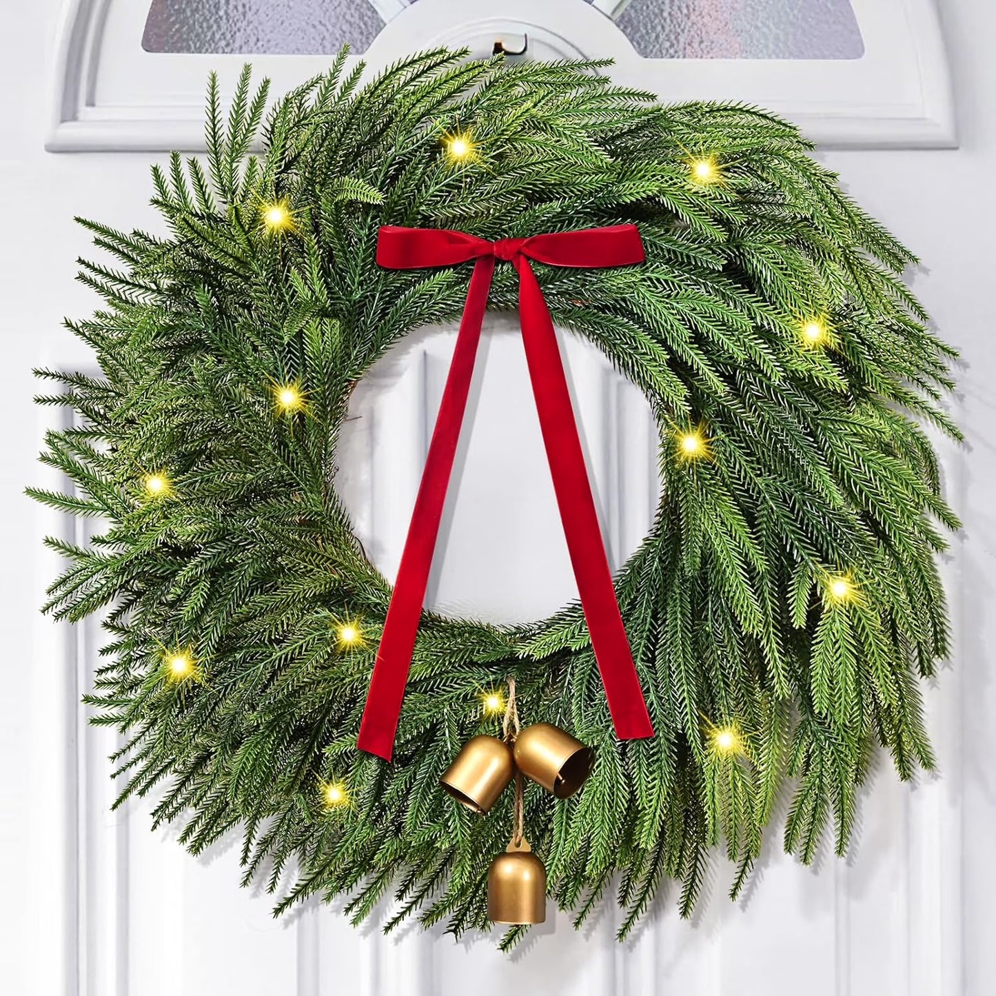 Norfolk Christmas Wreath with Lights,24 Inch Pre-Lit Artificial Holiday Wreath with Bow & Bells, Battery Operated, Front Door Christmas Decorations Indoor Outdoor