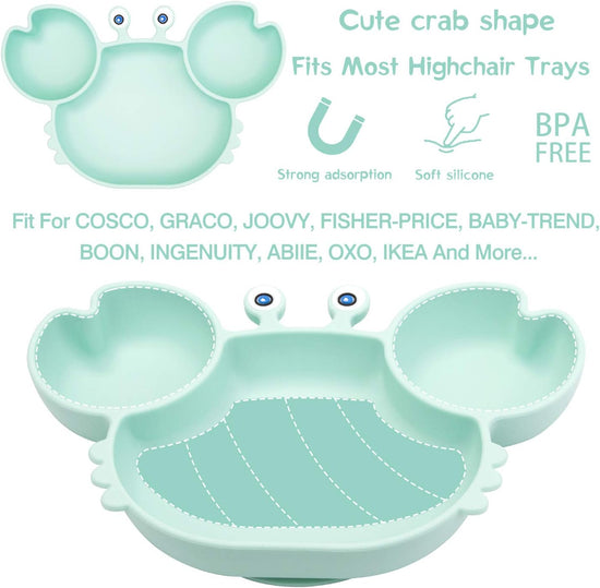 Silicone Suction Plate for Toddlers with Fork Spoon Set - Self Feeding Training Divided Plate Dish and Bowl for Baby and Toddler, Fits for Most Highchairs Trays (Cyan)