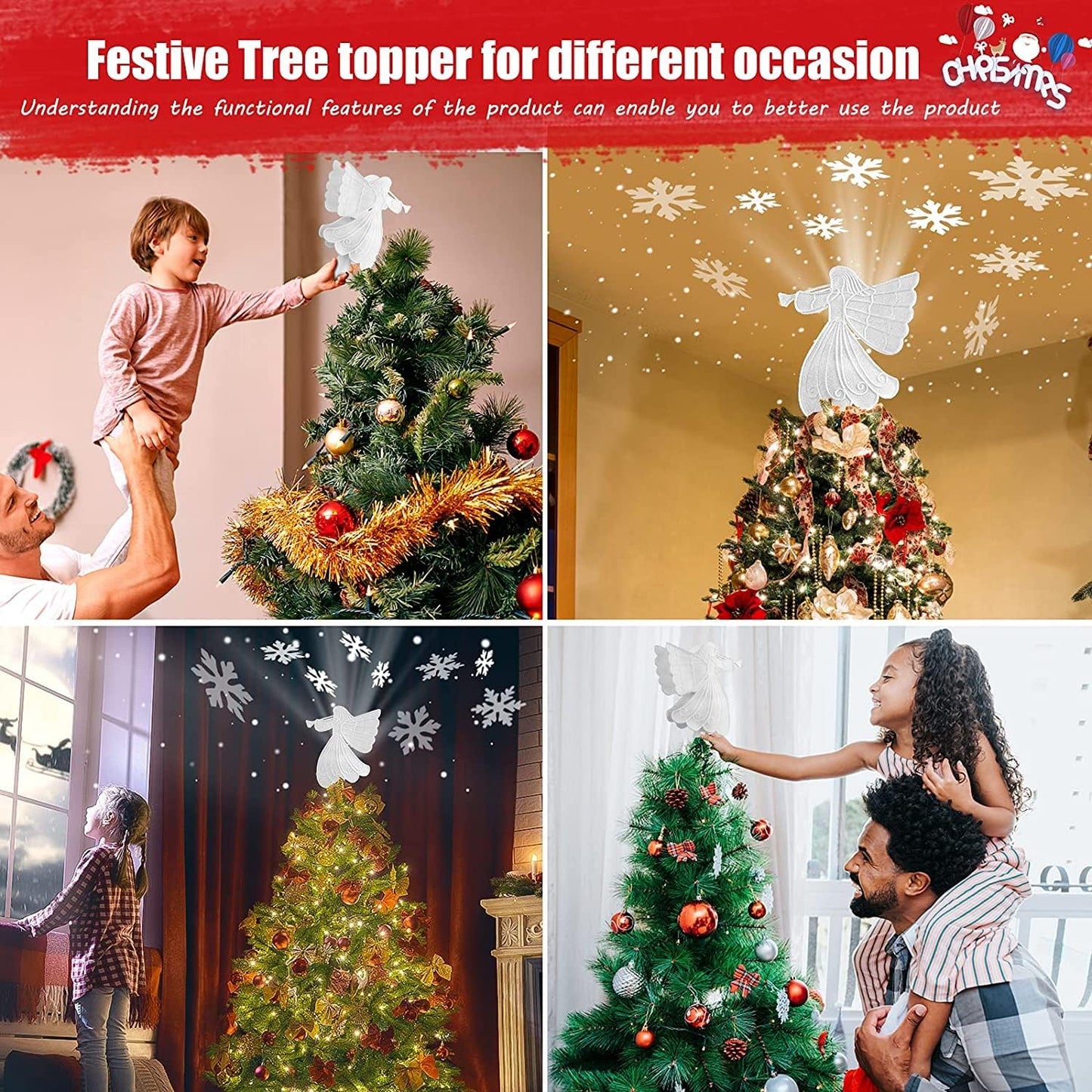 Night Light Projector, Snowflake Led Projector for Bedroom, Angel Christmas Tree Topper for Christmas Tree Decorations