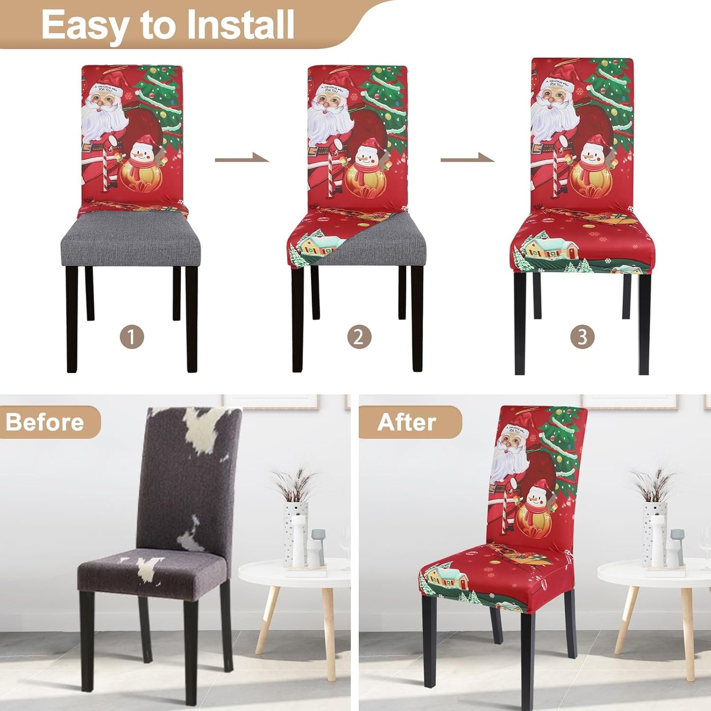 Christmas Dining Chair Covers Set of 4,Stretch Printed Kitchen Chair Cover Washable Spandex Xmas Parsons Chair Protector Slipcovers for Christmas Decoration,Holiday Party(Santa Claus)