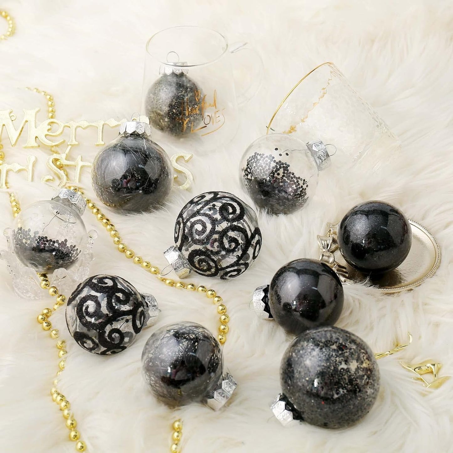Christmas Ball Ornaments Shatterproof Clear Large Plastic Hanging Ball Decorative Baubles Set with Stuffed Delicate Decorations (70Mm/2.76", Black)