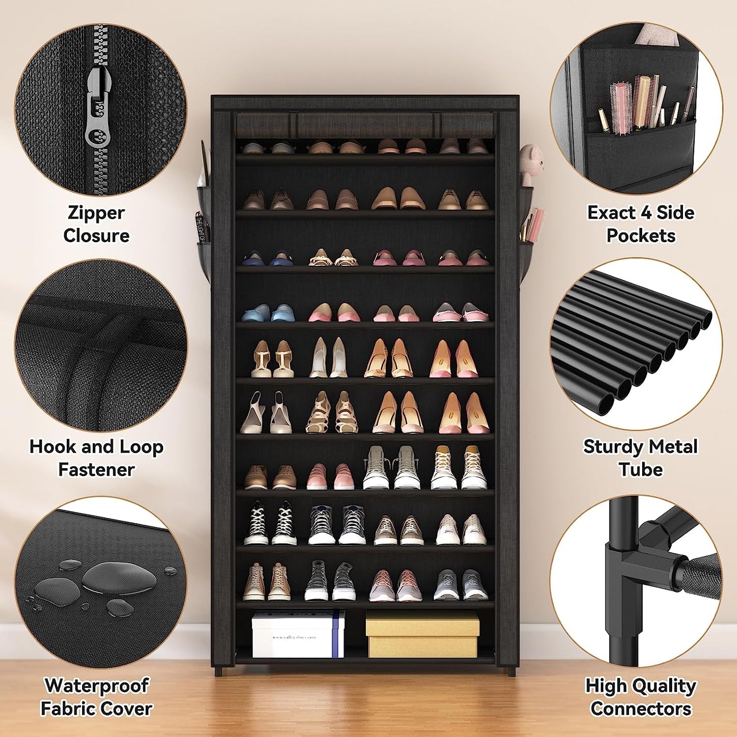 10 Tier Shoe Rack with Covers,Large Capacity Stackable Tall Shoe Shelf Storage to 50-55 Pairs Shoes and Boots Sturdy Metal Free Standing Shoe Rack Organizer for Closet Entryway Garage