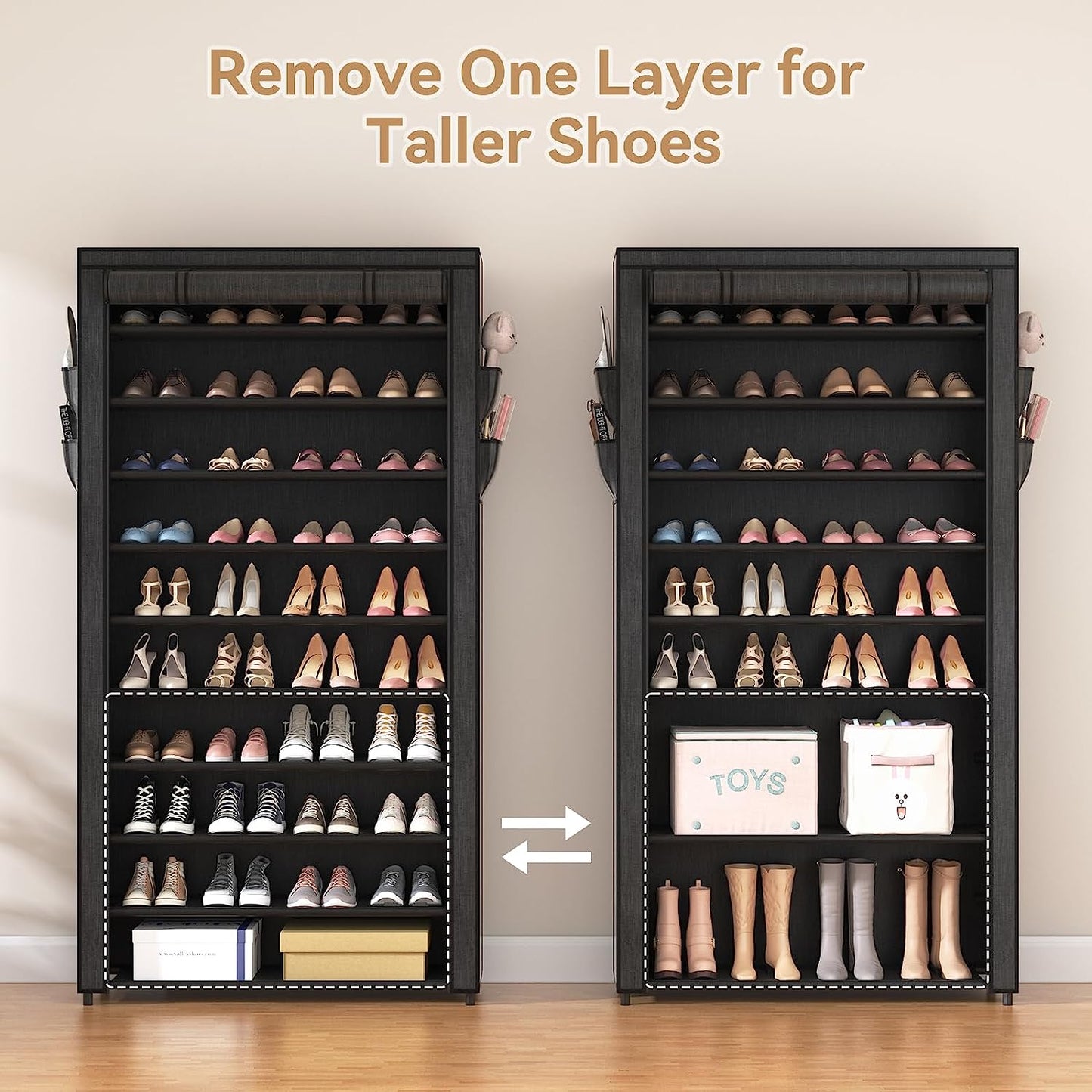 10 Tier Shoe Rack with Covers,Large Capacity Stackable Tall Shoe Shelf Storage to 50-55 Pairs Shoes and Boots Sturdy Metal Free Standing Shoe Rack Organizer for Closet Entryway Garage