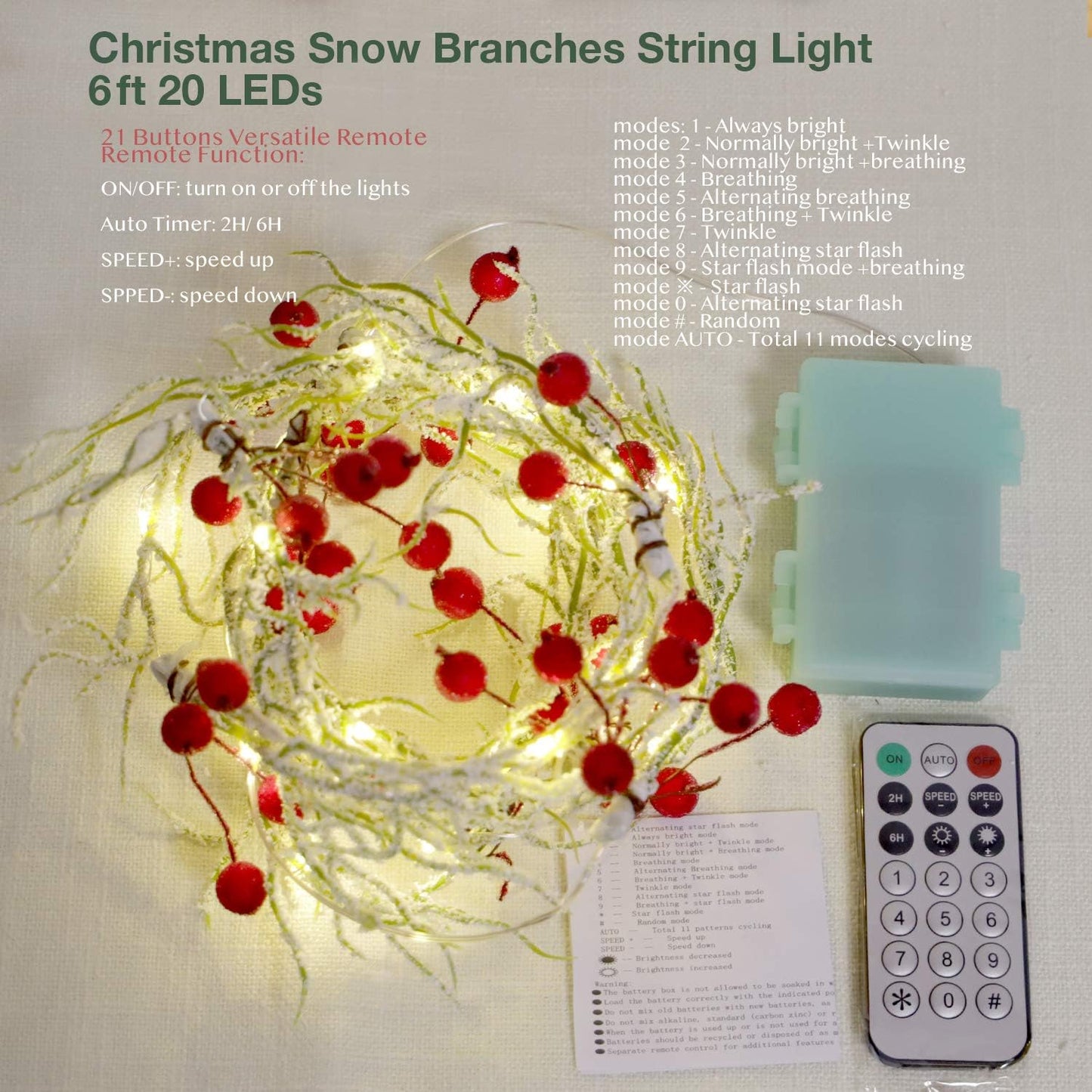 Snow White String Lights & Red Berry 6.5FT & 25Leds Delicate Christmas Garland with Lights Battery Operated with Remote Ideal for Indoor & Outdoor Decorations Mini Christmas Garland for Mantle