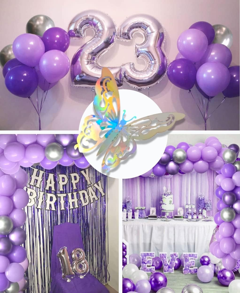 132Pcs Purple and Silver Balloon Garland Kit with Butterfly - Metallic Balloons for Baby Shower, Wedding, Birthday