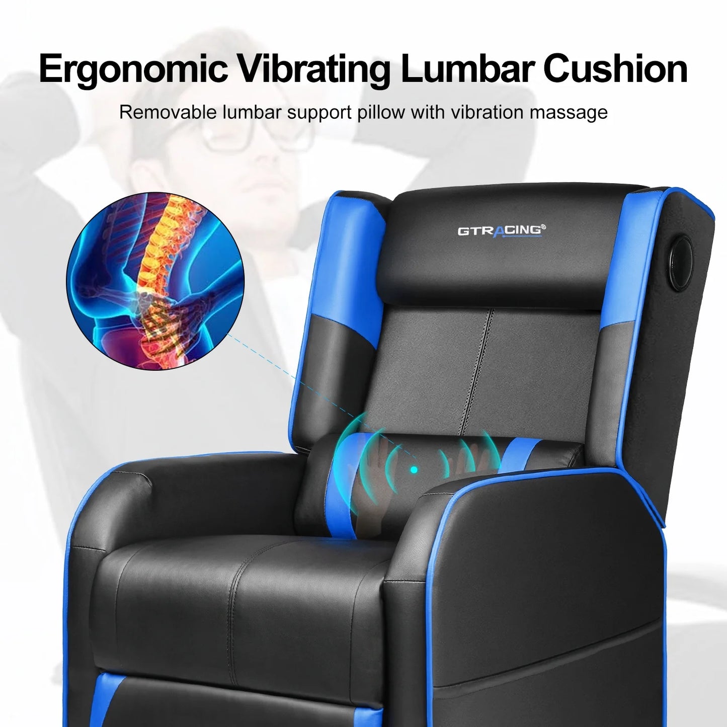Gaming Recliner Chair Bluetooth Speakers Footrest Racing Style Single Living Room Sofa PU Leather Home Theater Seating Massage Lumbar Support, Blue