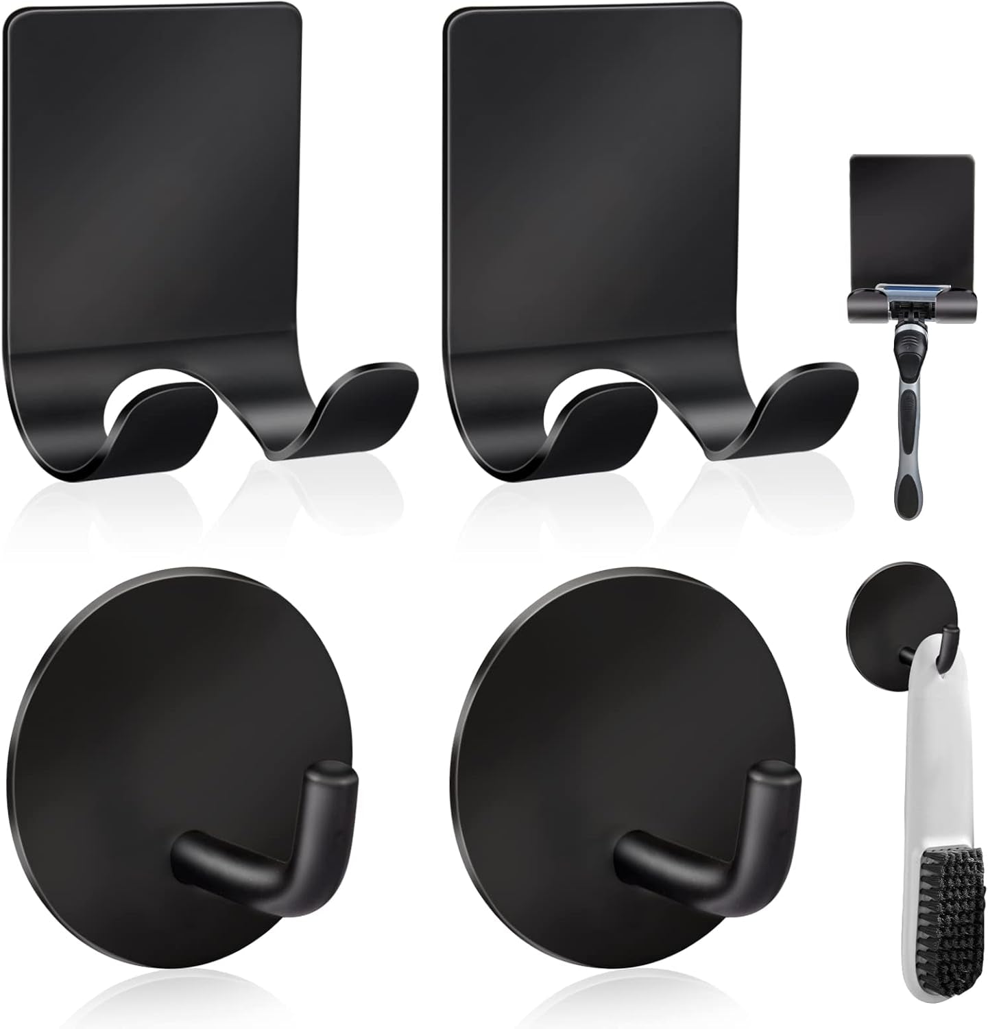 Razor Holder 304 Stainless Steel for Shower + Adhesive Sticky Heavy Duty Waterproof Wall Hooks, Premium for Hanging Towels, Coat, Hat (2+2 Pack) - Black