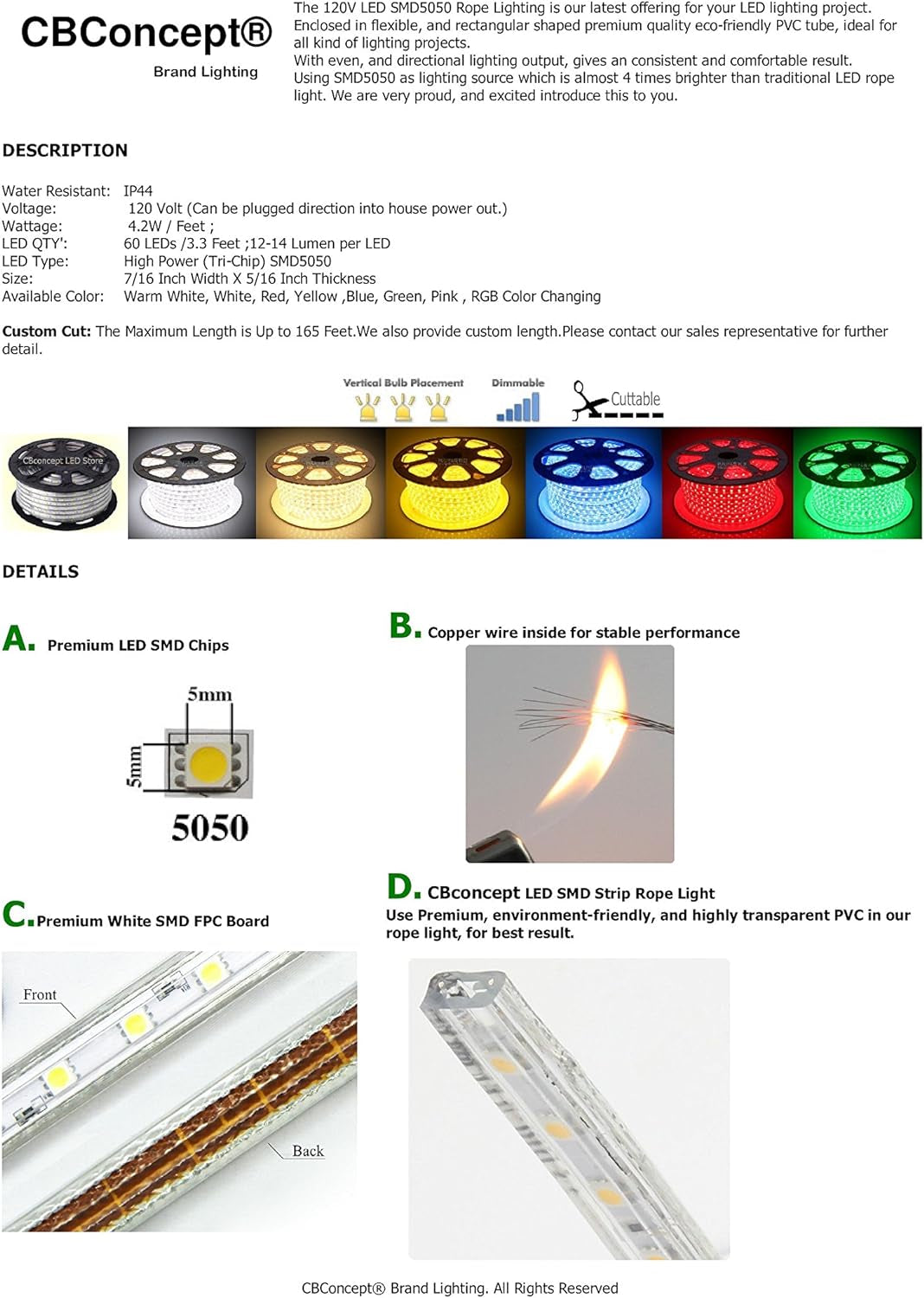 UL Listed, 50 Feet, Super Bright 13500 Lumen, 6000K Pure White, Dimmable, 110-120V AC Flexible Flat LED Strip Rope Light, Commercial Grade, Indoor Outdoor Use, Ready to Plug N Shine
