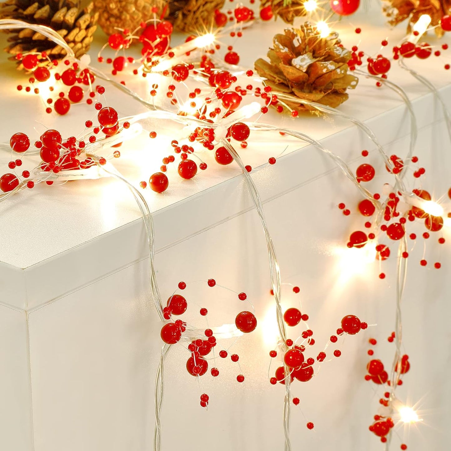 10FT 30 LED Christmas String Lights, Battery Operated, 2 Light Modes, Red Berry Garland for Christmas Tree & Fireplace Decoration, Indoor