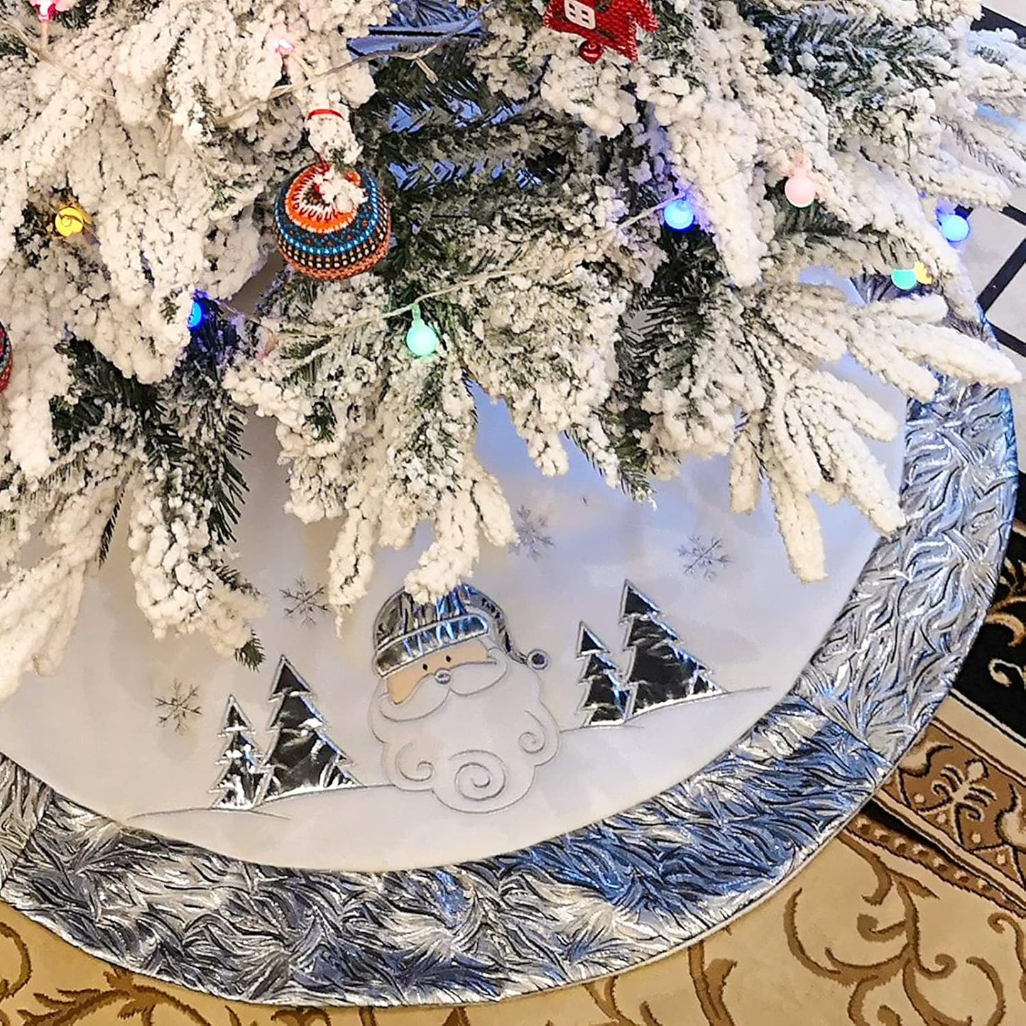 36'' Luxury Silvery Christmas Tree Skirt Santa Embroidered White Santa Claus Snowflake with Satin Border Xmas Tree Skirt Christmas Tree Ornaments Gifts