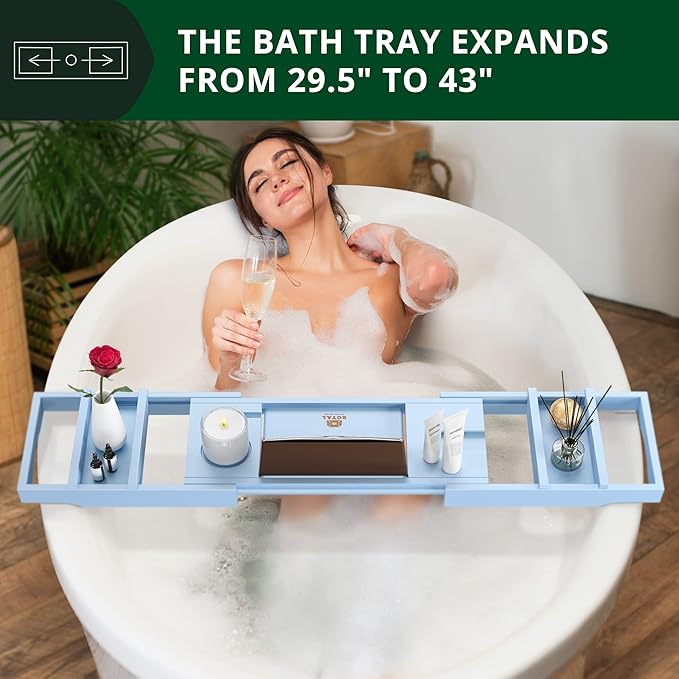 Royal Craft Wood Expandable Bathtub Caddy Tray – Blue with Soap Holder