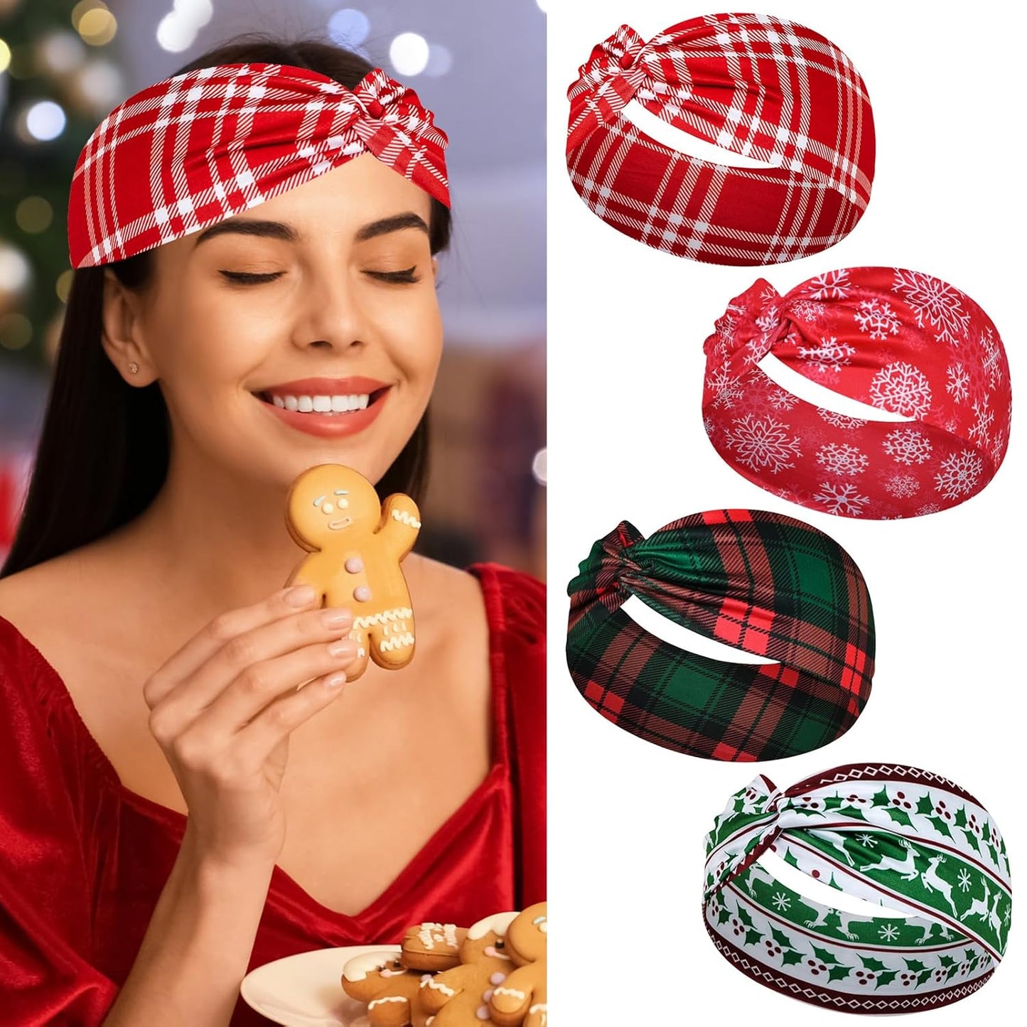 4Pcs Christmas Headbands for Women - Snowflake Santa Snowman Xmas Tree Holiday Hair Bands, Festive Gift Hair Accessories (Plaid)