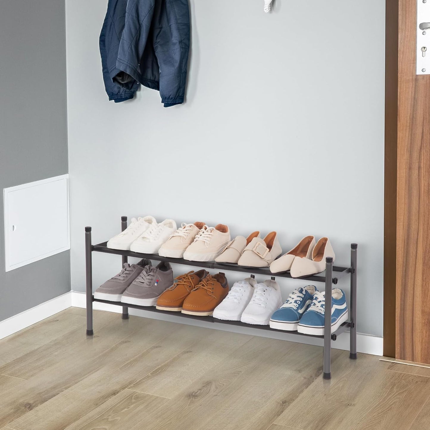 Expandable Shoe Rack, 8 Pairs Stackable Small Shoe Rack, Metal Adjustable Shoes Organizer for Closet, Entryway, Hallway, Garage, Front Door, Shoes Shelves, Black 2 Tier