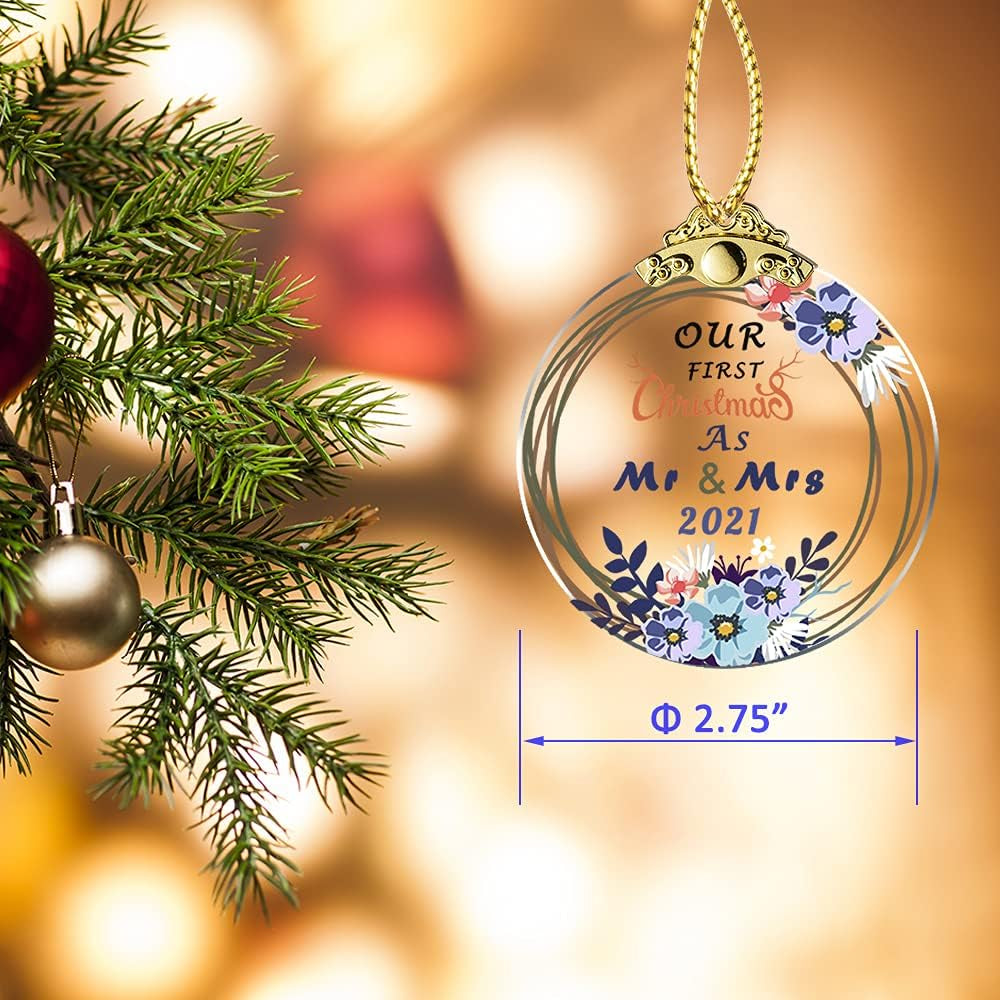Our First Christmas as Mr & Mrs 2021 Christmas Tree Ornaments Crystal Glass Present for Newly-Married Couple Wedding Keepsake Ceremony Friends Christmas Tree Pendant Novelty Souvenir