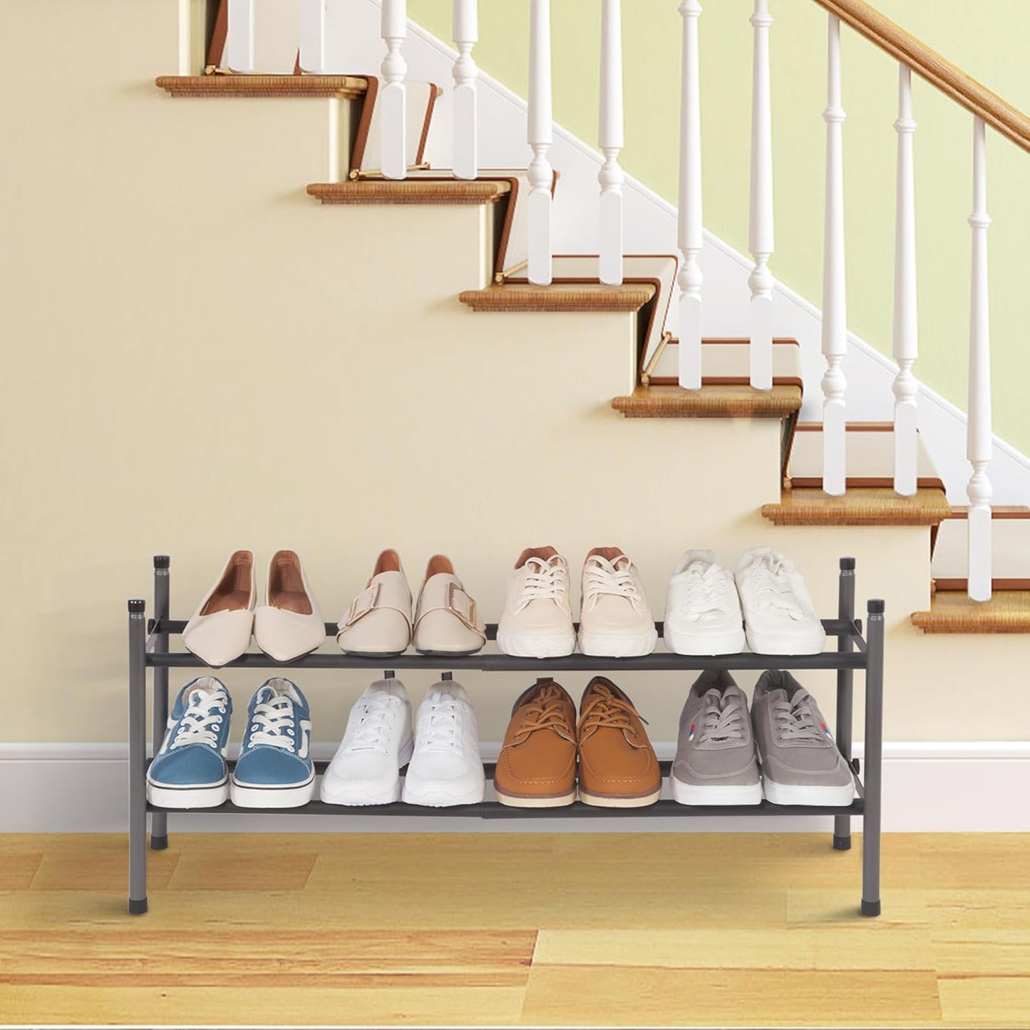 Expandable Shoe Rack, 8 Pairs Stackable Small Shoe Rack, Metal Adjustable Shoes Organizer for Closet, Entryway, Hallway, Garage, Front Door, Shoes Shelves, Black 2 Tier