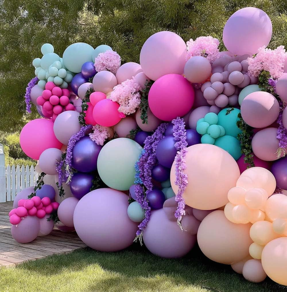 Pastel Purple Pink Balloons Lavender Teal Balloon Garland Metallic Lilac Blue Balloons Different Size Green and Orange Balloon Arch Kit for Encanto Birthday Butterfly Baby Shower Princess Party Supply