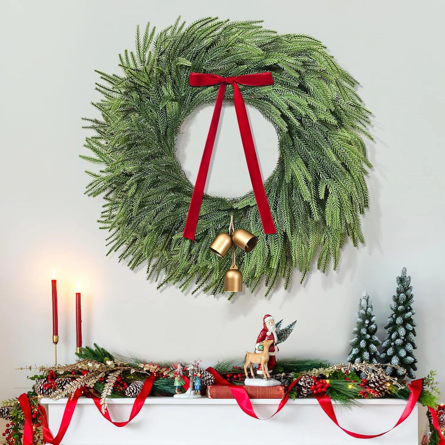 Norfolk Christmas Wreath with Lights,24 Inch Pre-Lit Artificial Holiday Wreath with Bow & Bells, Battery Operated, Front Door Christmas Decorations Indoor Outdoor