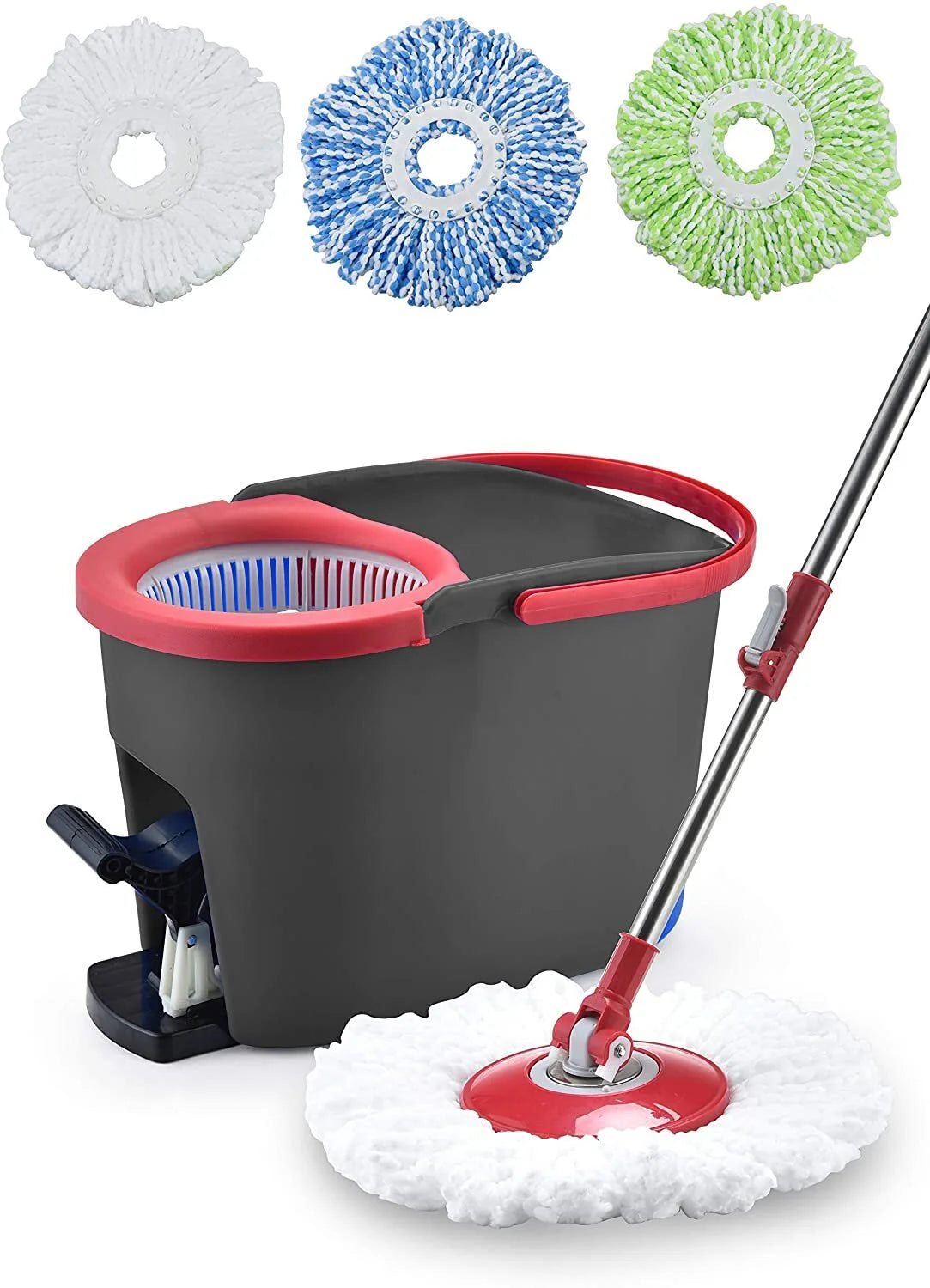 360 Spin Mop and Bucket with Foot Pedal and Soap Dispenser & 3 Microfiber Heads, Red/Black