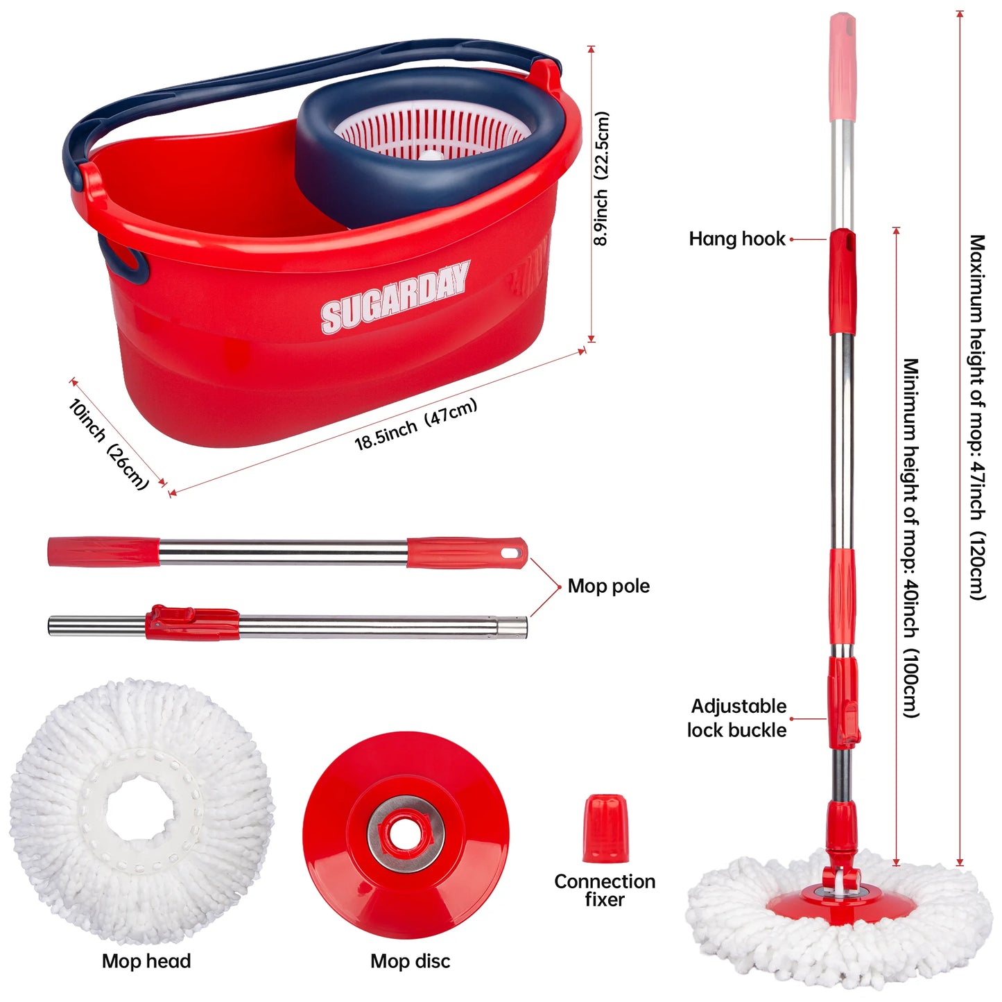 Spin Mop and Bucket System with Wringer Set for Floors with 3 Microfiber Mop Heads, Red