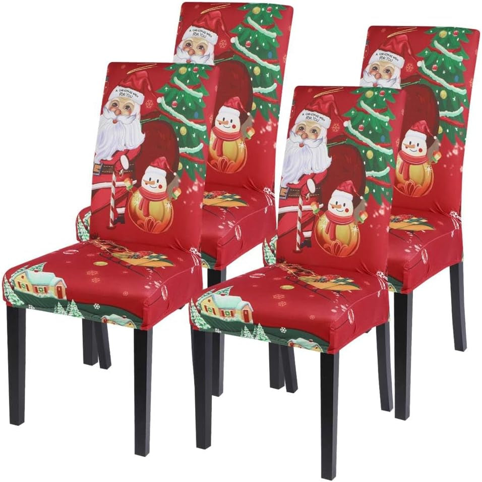 Christmas Dining Chair Covers Set of 4,Stretch Printed Kitchen Chair Cover Washable Spandex Xmas Parsons Chair Protector Slipcovers for Christmas Decoration,Holiday Party(Santa Claus)