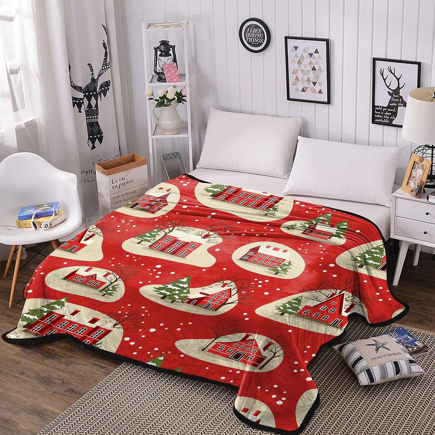 Christmas Throw Blankets, Soft Blankets and Throws, Daughter Mom Friend Gift Houses in Snowfall Print Decorative Throw Blankets for Couch, 60"X80"