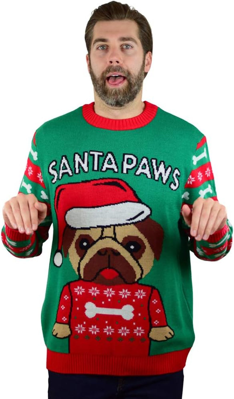 Pug Christmas Sweater for Men Women Adult Unisex Santa Paws Ugly Xmas Holiday Tacky Sweater